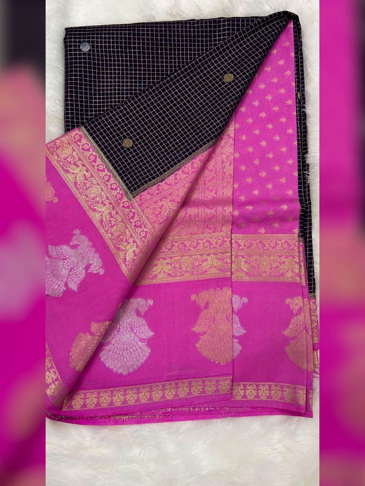 Silk Saree with Zari Brocade Border and Peacock Motifs