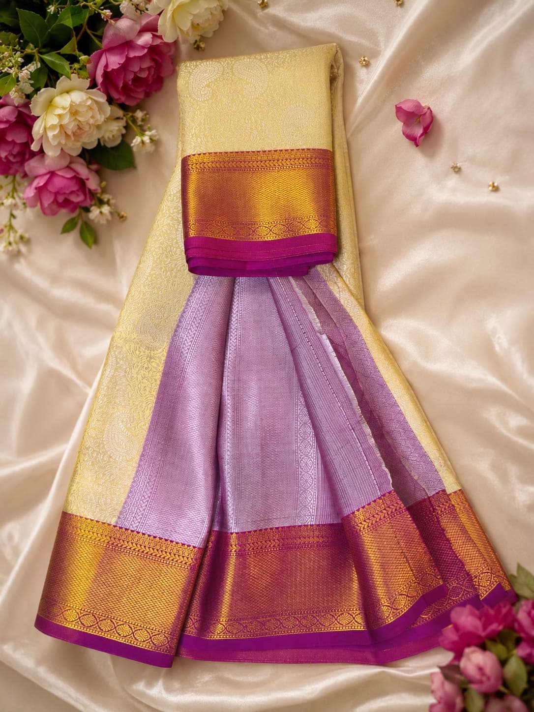 Cream & Lavender Silk Saree with Gold & Purple Border