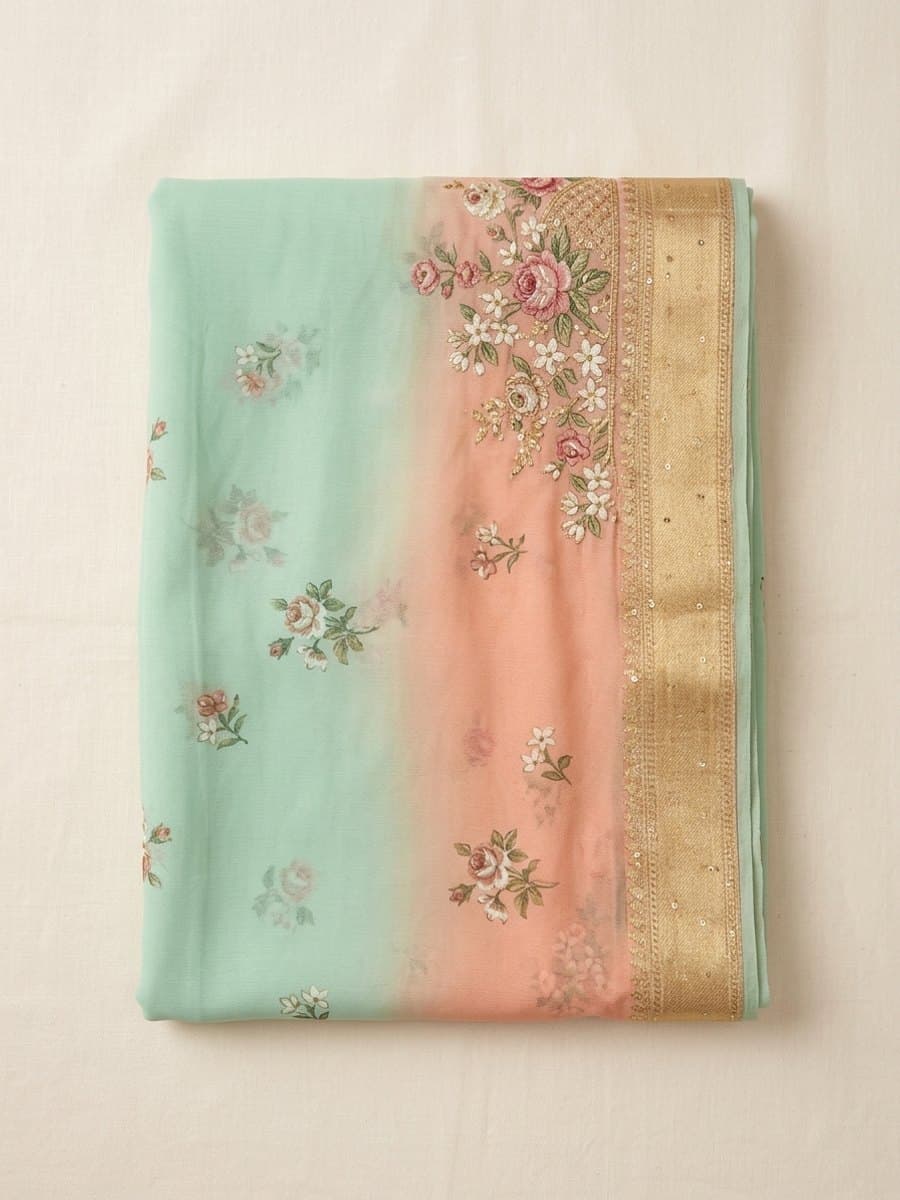 Floral Gradient Chiffon Saree with Gold Border
