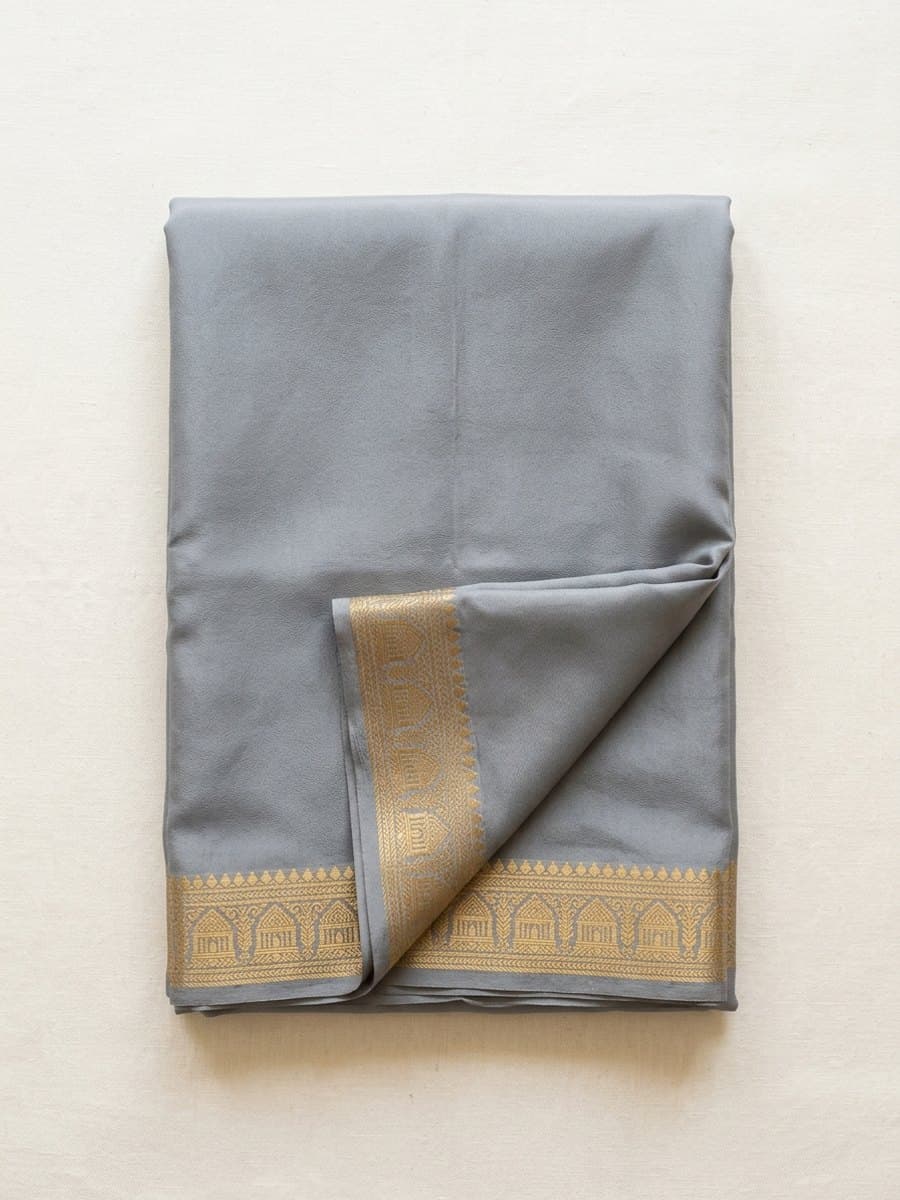 Mysore Silk Grey Saree with Gold Zari Border